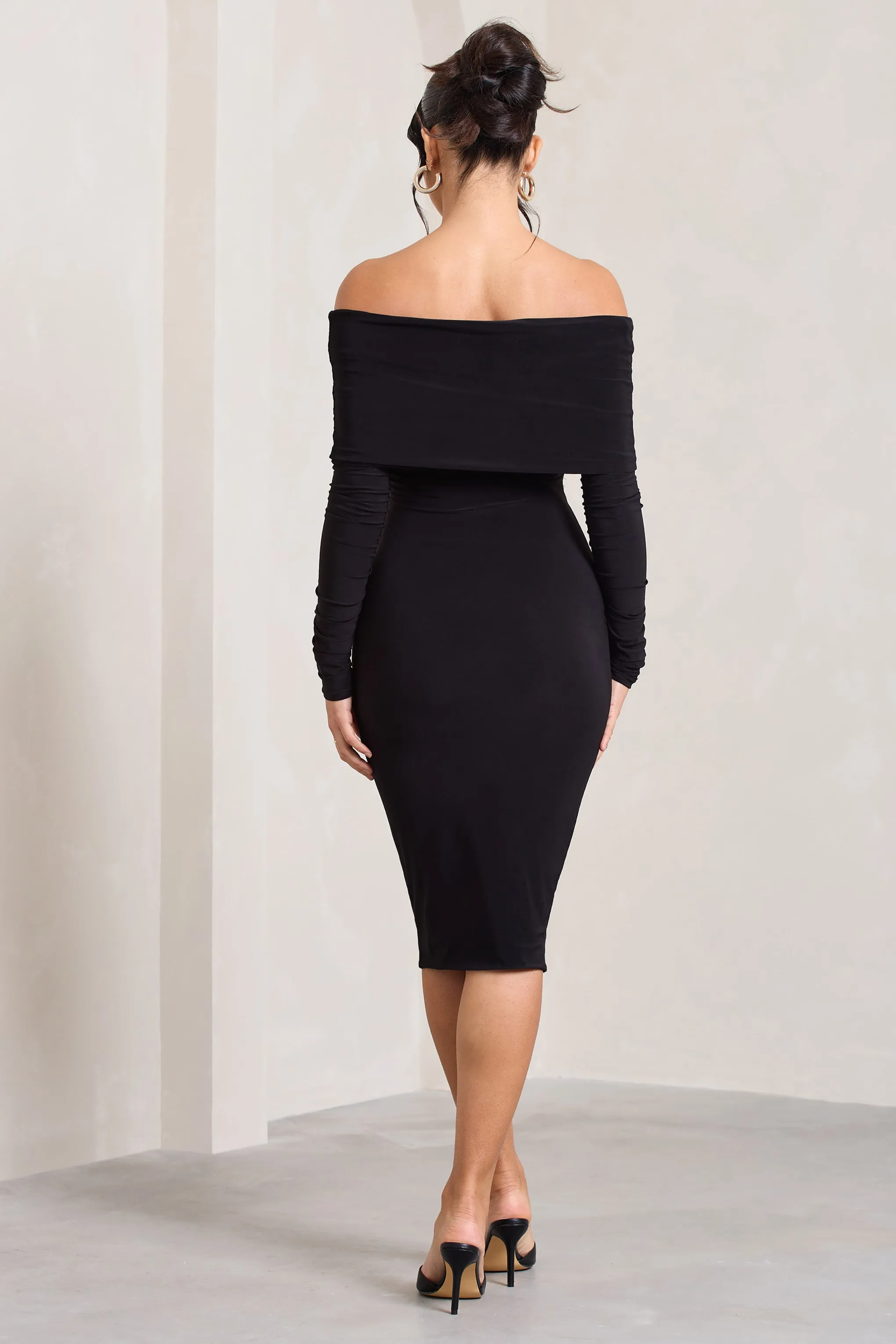 Flatter Me | Black Twist Front Bardot Midi Dress