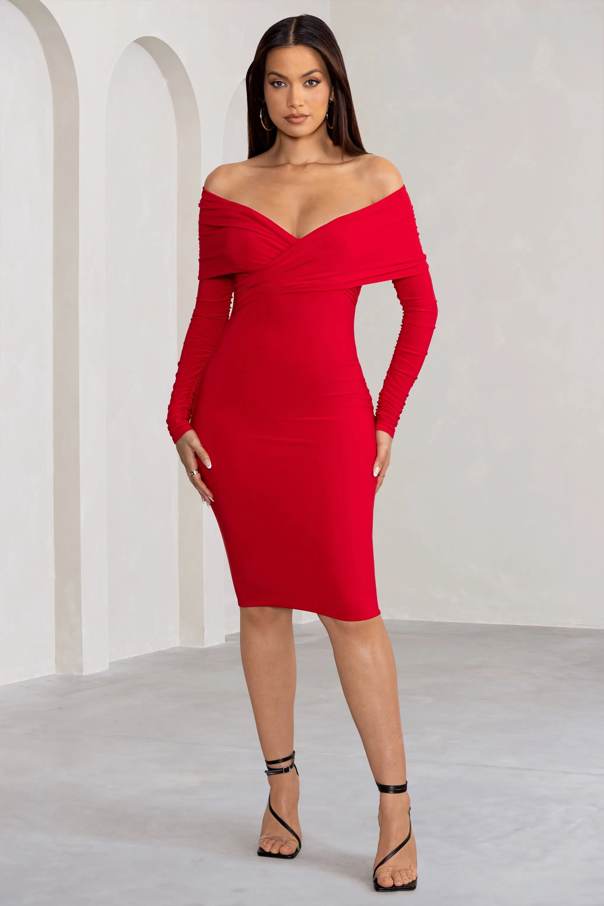 Flatter Me | Red Twist Front Bardot Midi Dress