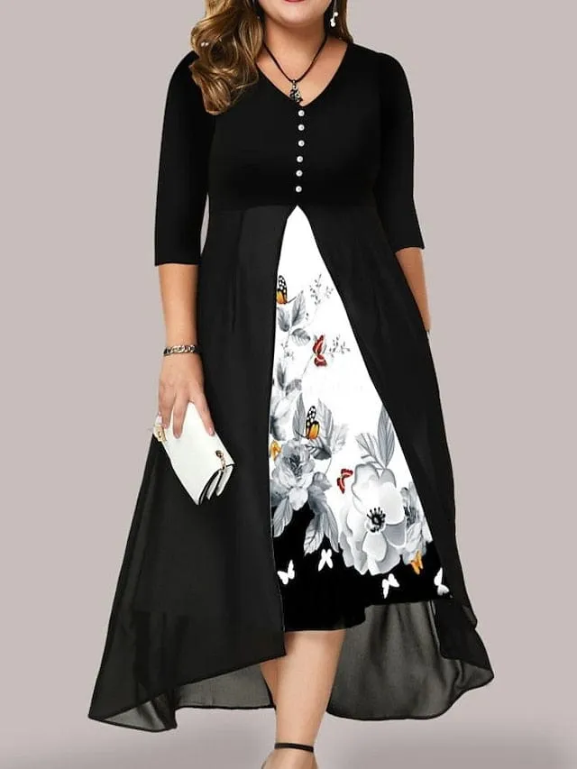 Floral V-Neck Ruched Plus Size Midi Dress