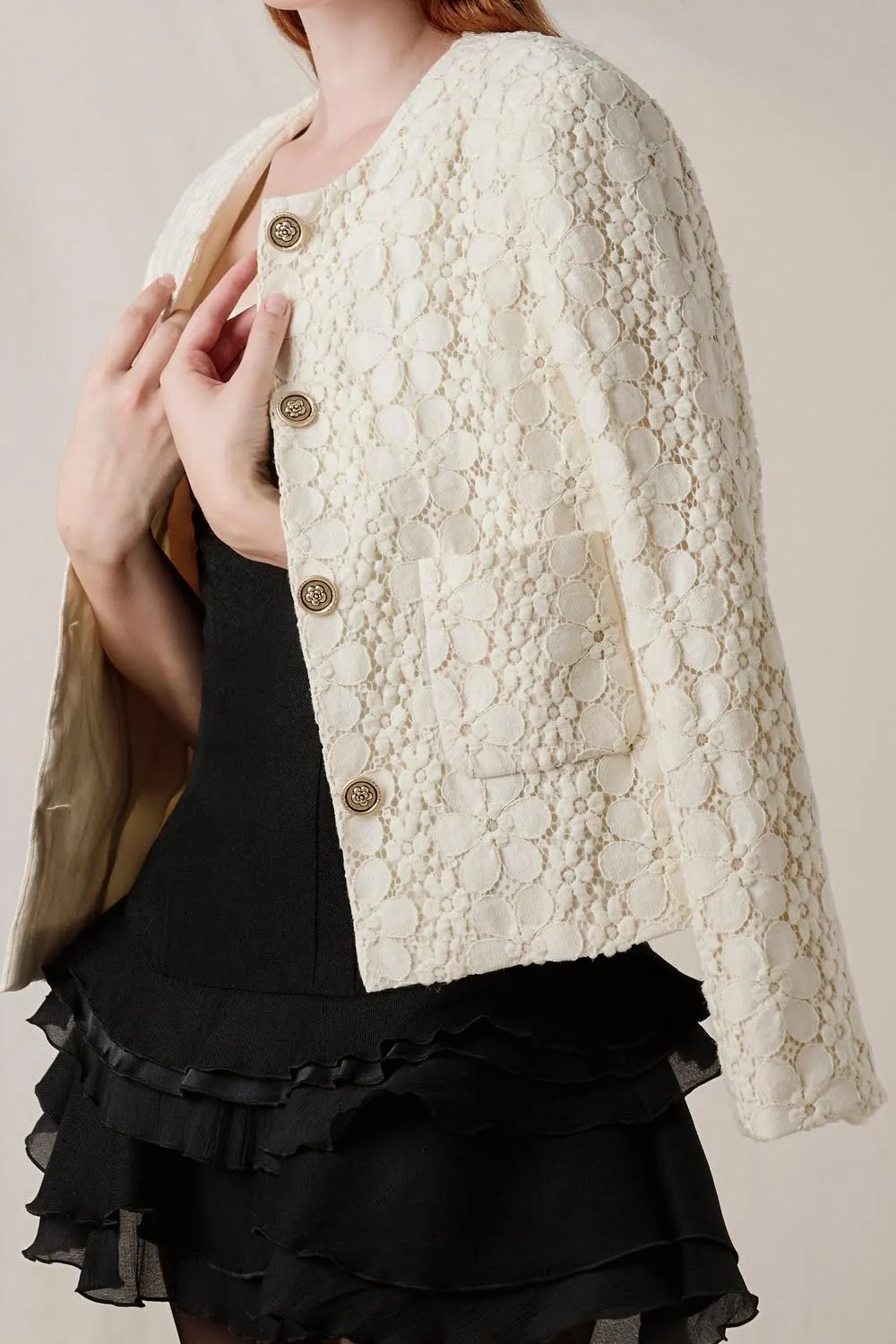 Flower Straight Patch Pocket Lace Jacket