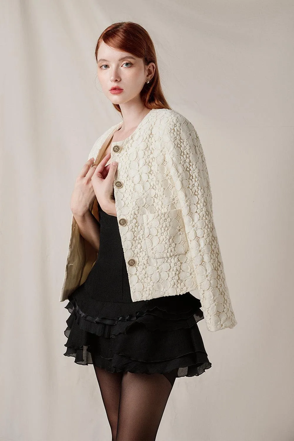 Flower Straight Patch Pocket Lace Jacket