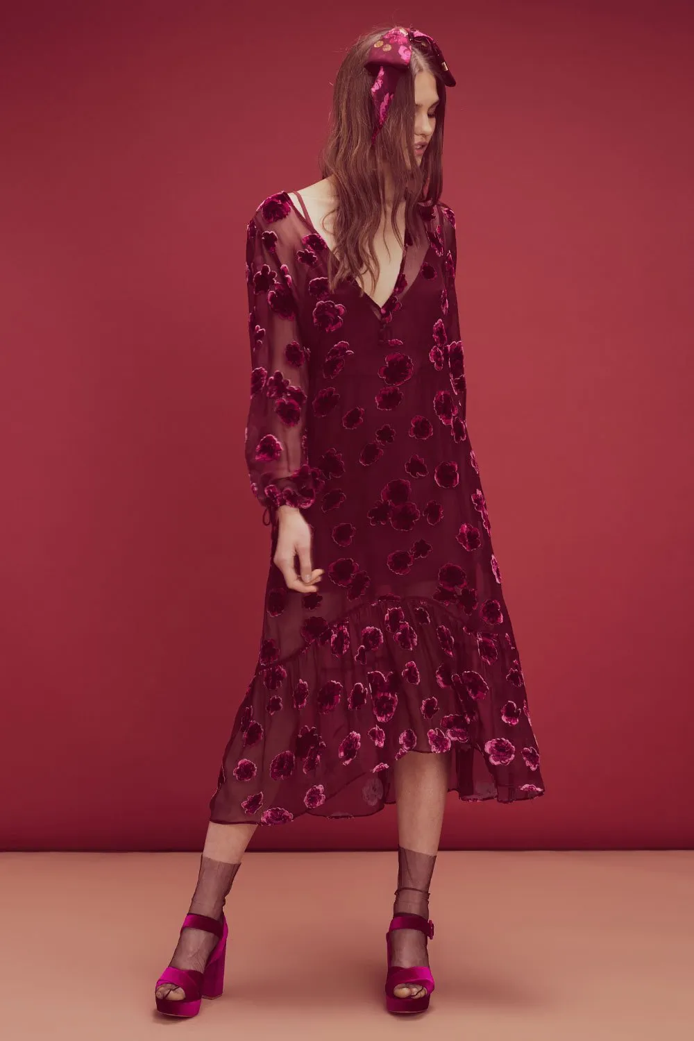 For Love and Lemons Sophie Velvet Floral Midi Dress