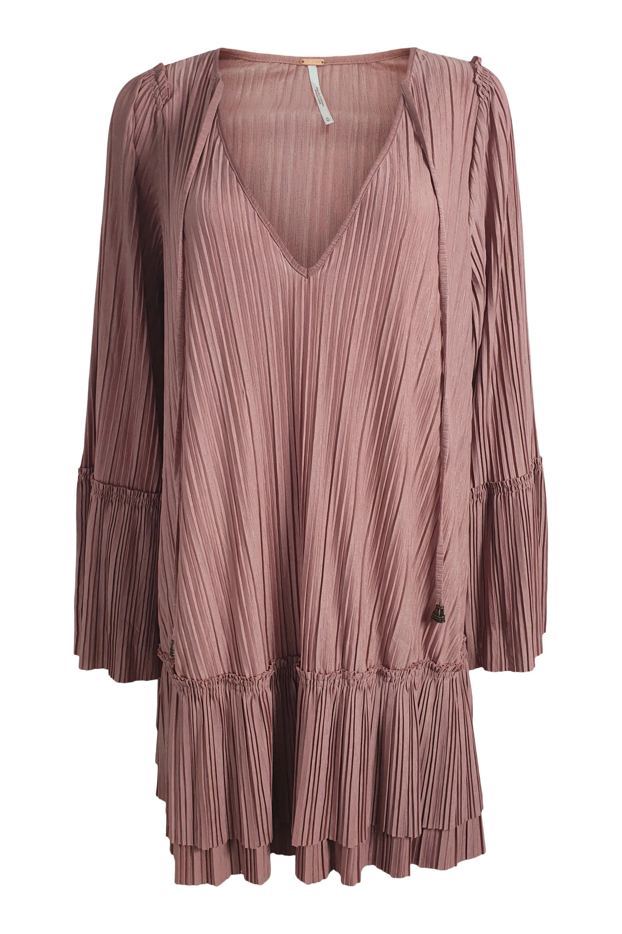 FREE PEOPLE Dusty Rose Pink V Front Pleated Mini Dress (M)