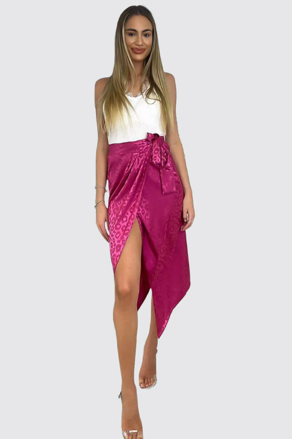 Fuchsia Leopard Pattern Wrap Over Midi Skirt