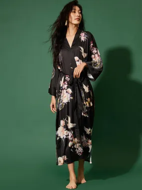 Garden Crane Black Kimono Robe