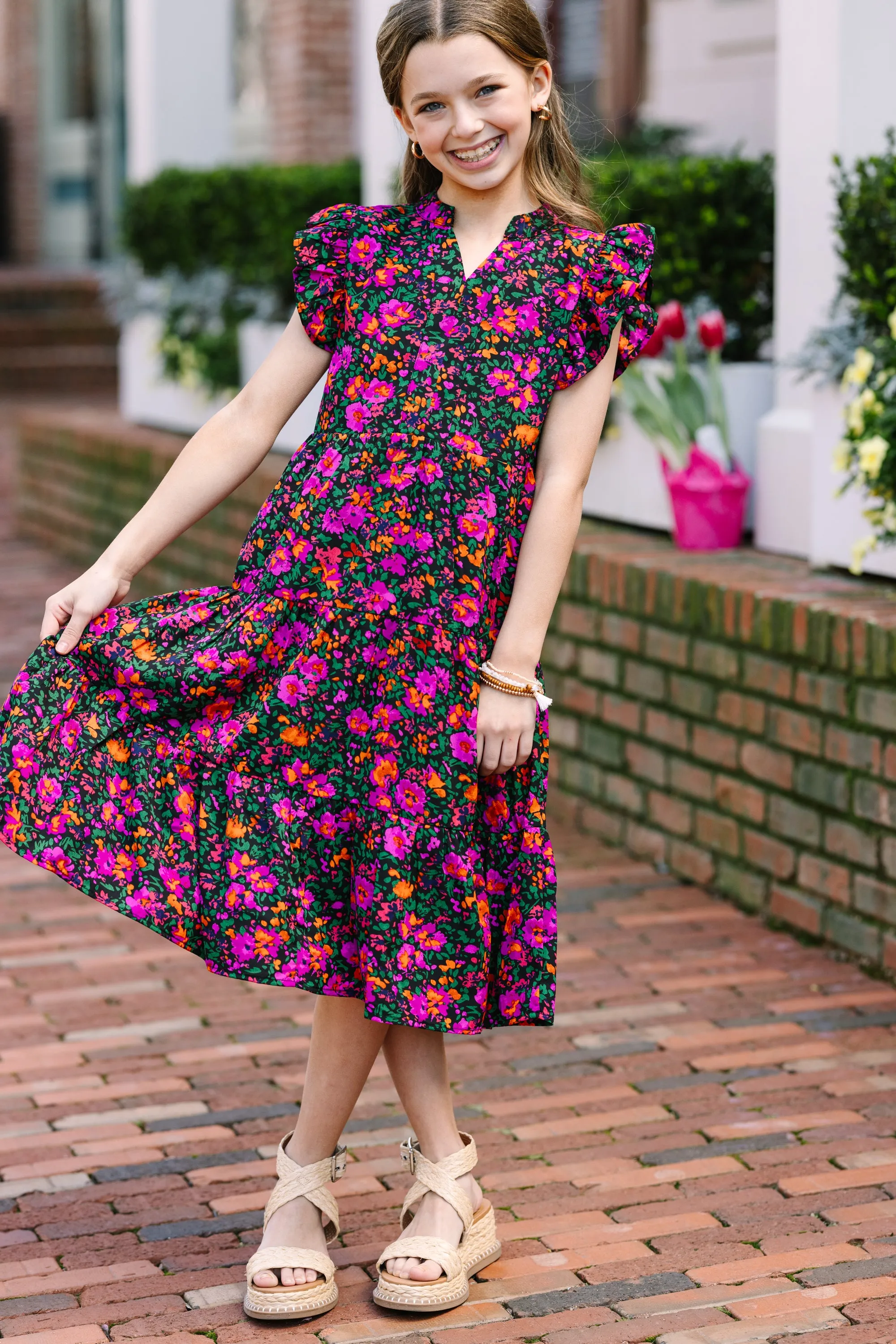 Girls: Make It Your Own Black Ditsy Floral Tiered Midi Dress