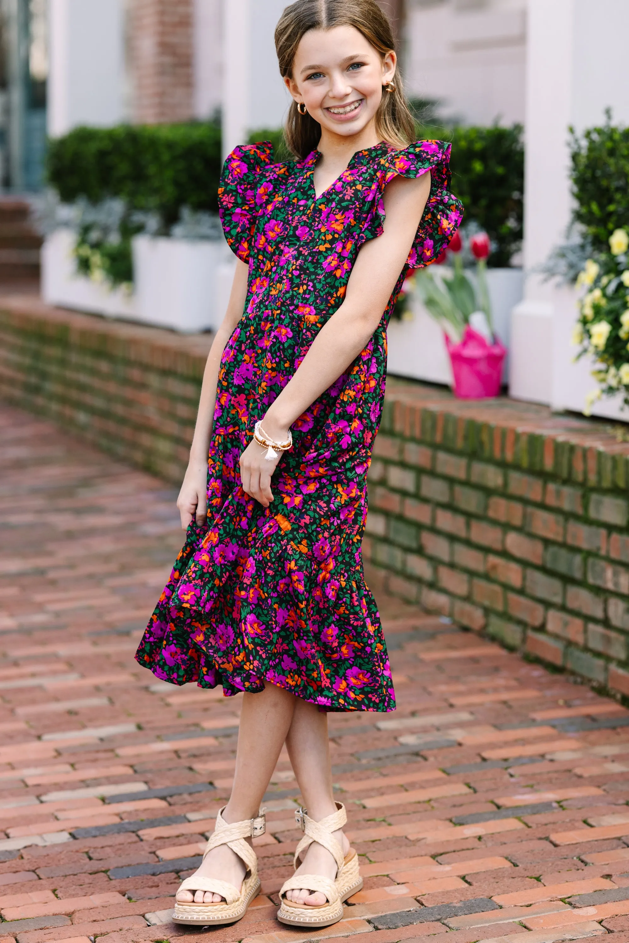 Girls: Make It Your Own Black Ditsy Floral Tiered Midi Dress