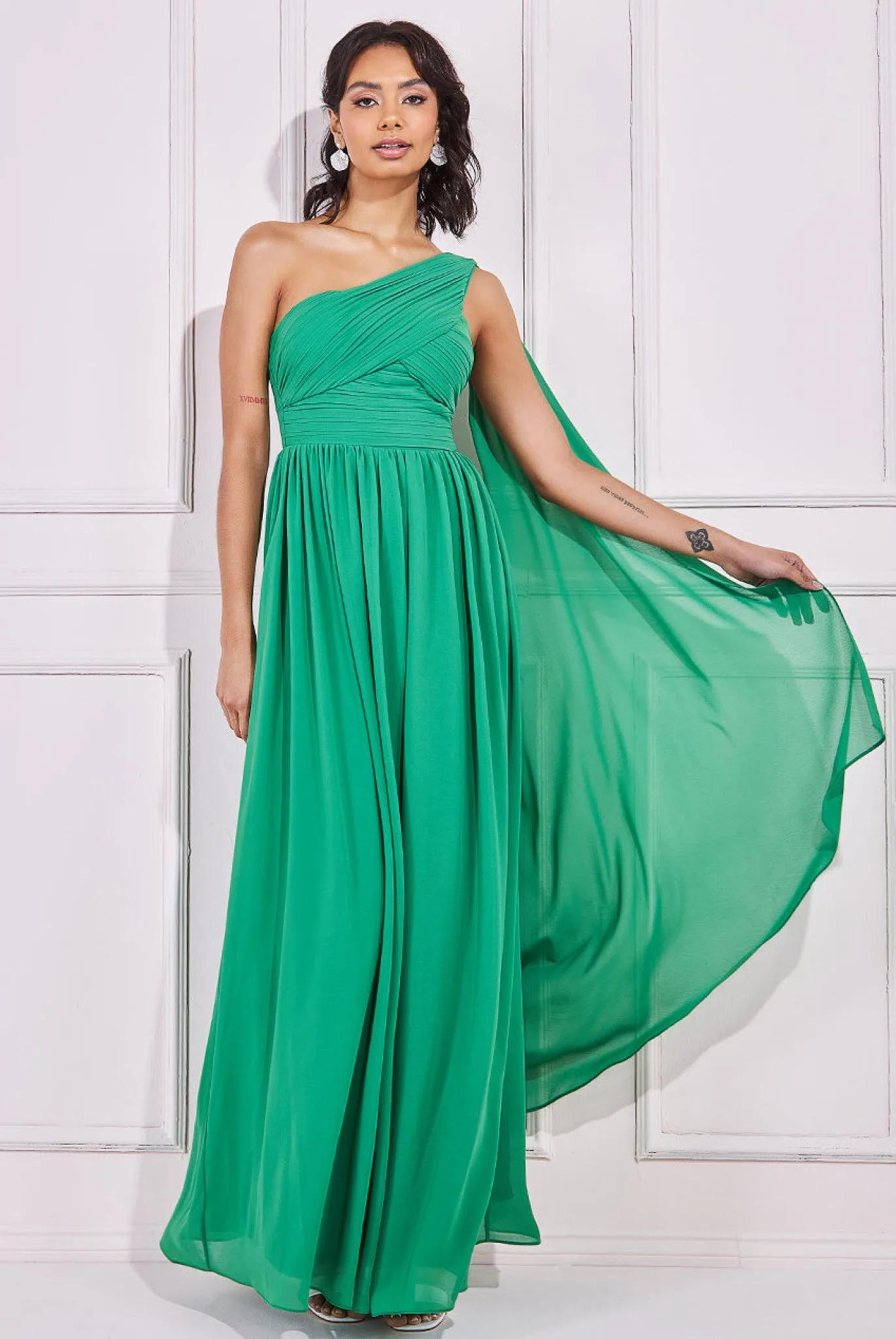 Goddiva One Shoulder Pleated Chiffon Scarf Maxi Dress