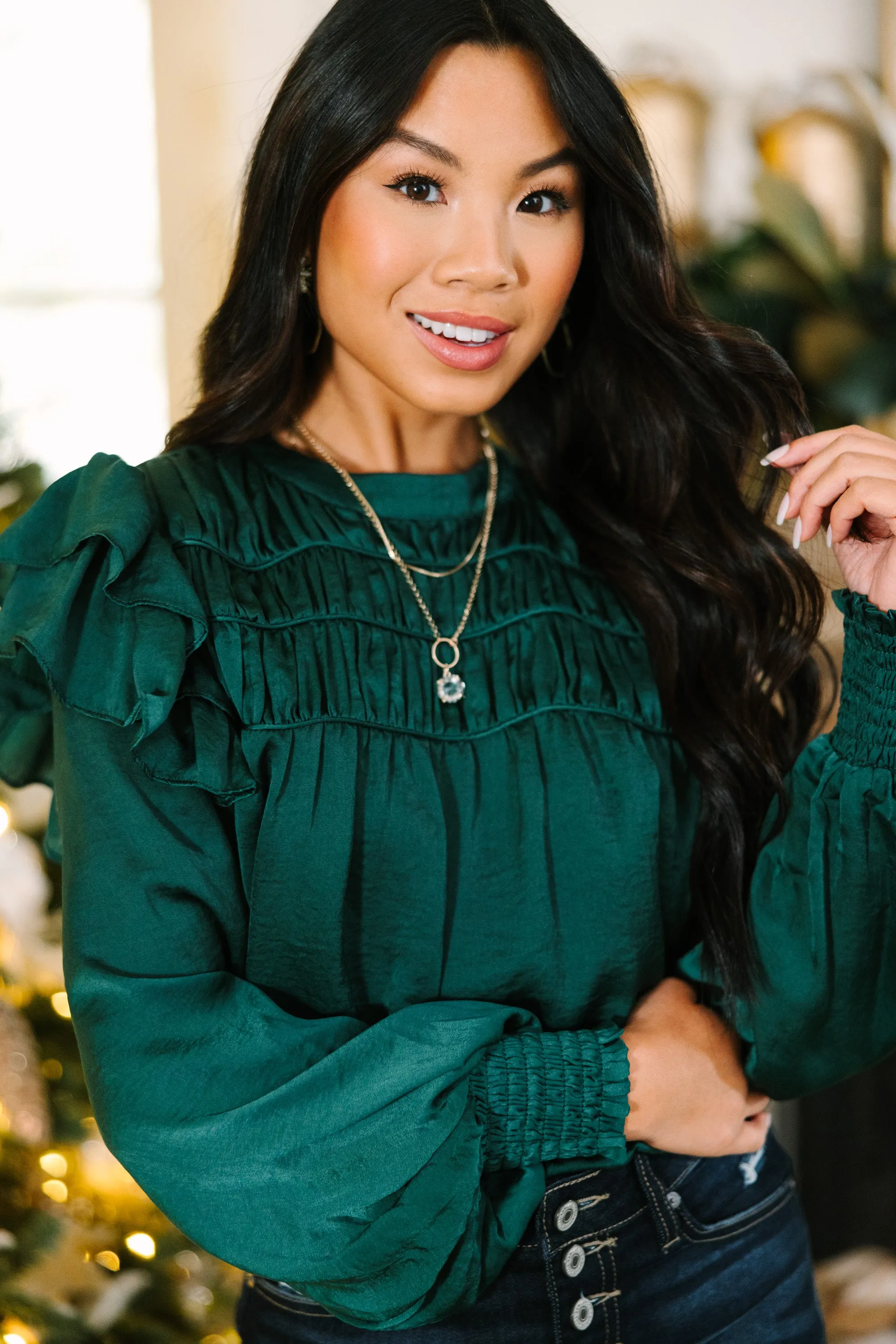 Going Out Hunter Green Ruffled Satin Blouse