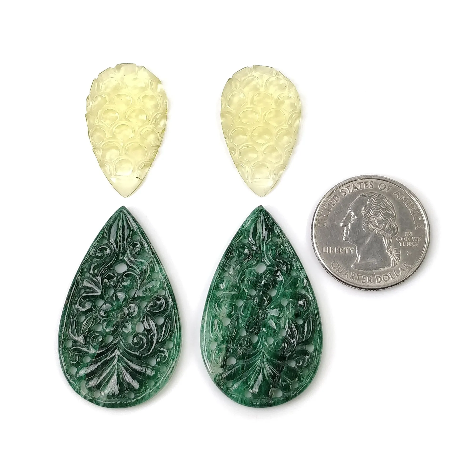 GREEN And LEMON QUARTZ Gemstone Carving : 65.20cts Natural Untreated Quartz Hand Carved Pear Shape 29*17mm - 41.5*25mm 4pcs