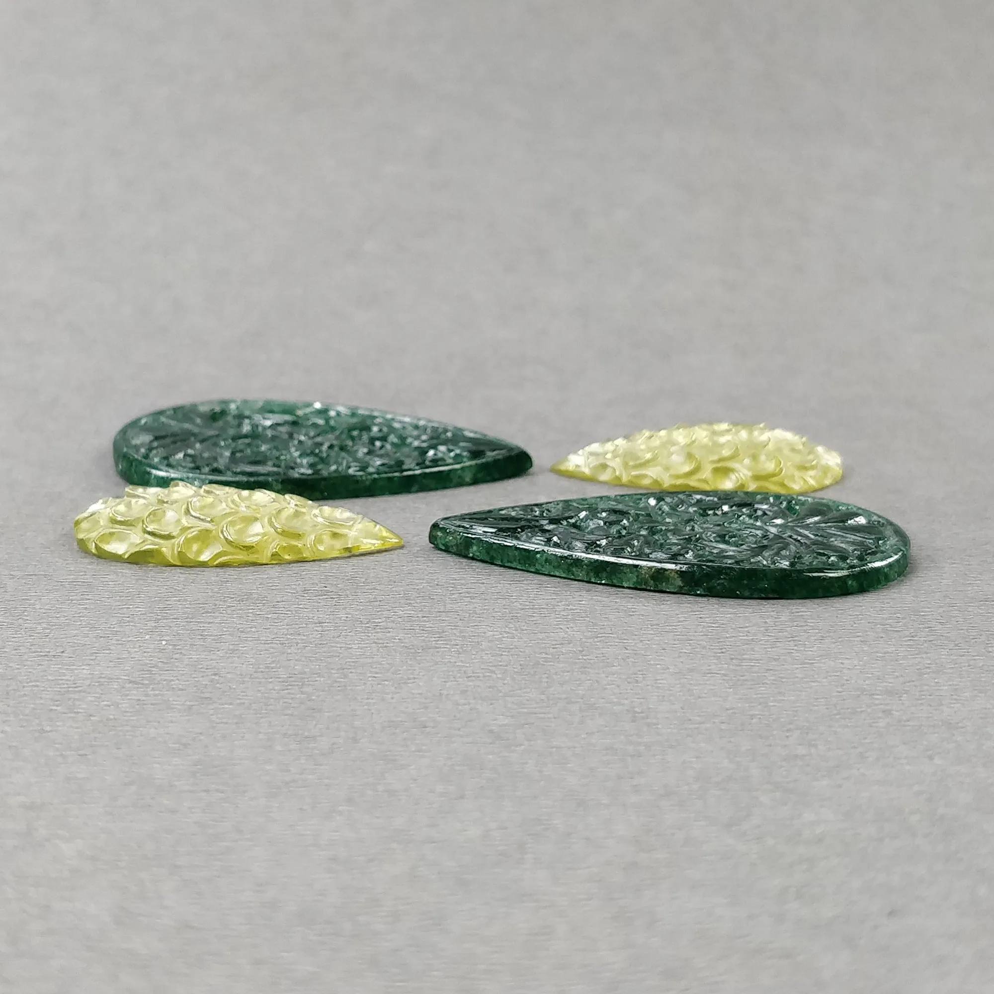 GREEN And LEMON QUARTZ Gemstone Carving : 65.20cts Natural Untreated Quartz Hand Carved Pear Shape 29*17mm - 41.5*25mm 4pcs