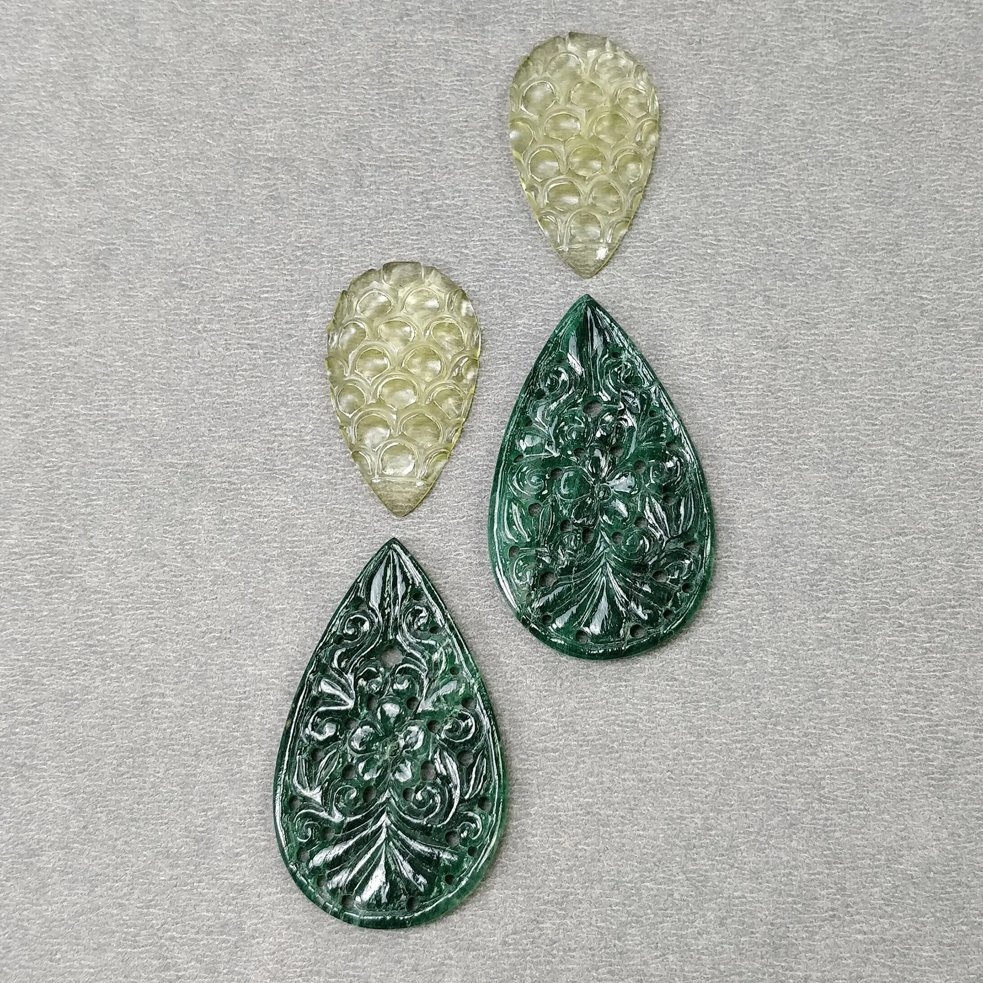 GREEN And LEMON QUARTZ Gemstone Carving : 65.20cts Natural Untreated Quartz Hand Carved Pear Shape 29*17mm - 41.5*25mm 4pcs