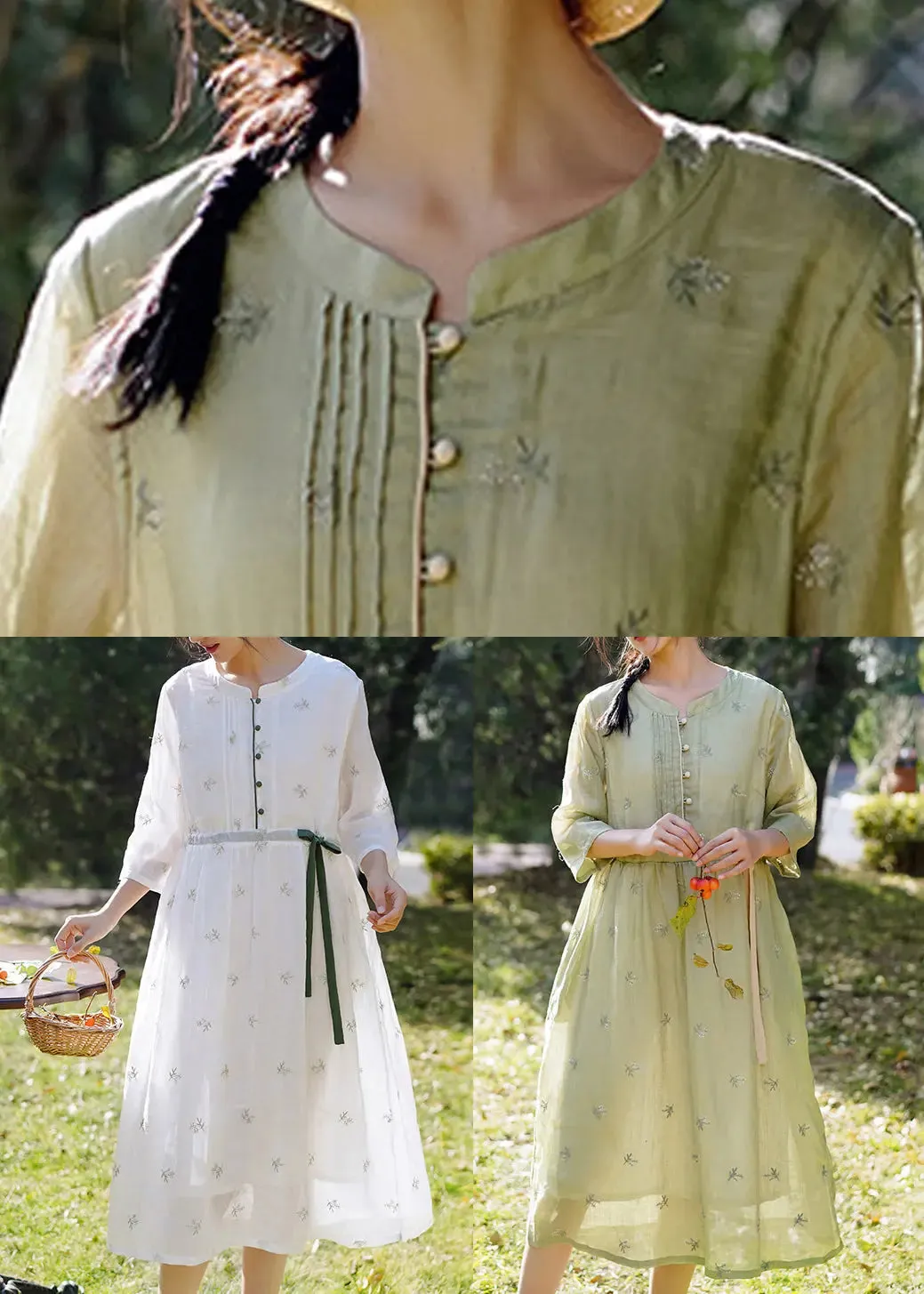 Green Tie Waist Linen Dresses O-Neck Bracelet Sleeve CG1002