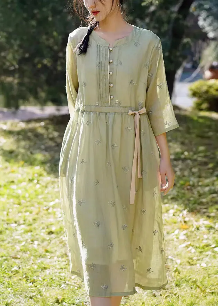 Green Tie Waist Linen Dresses O-Neck Bracelet Sleeve CG1002