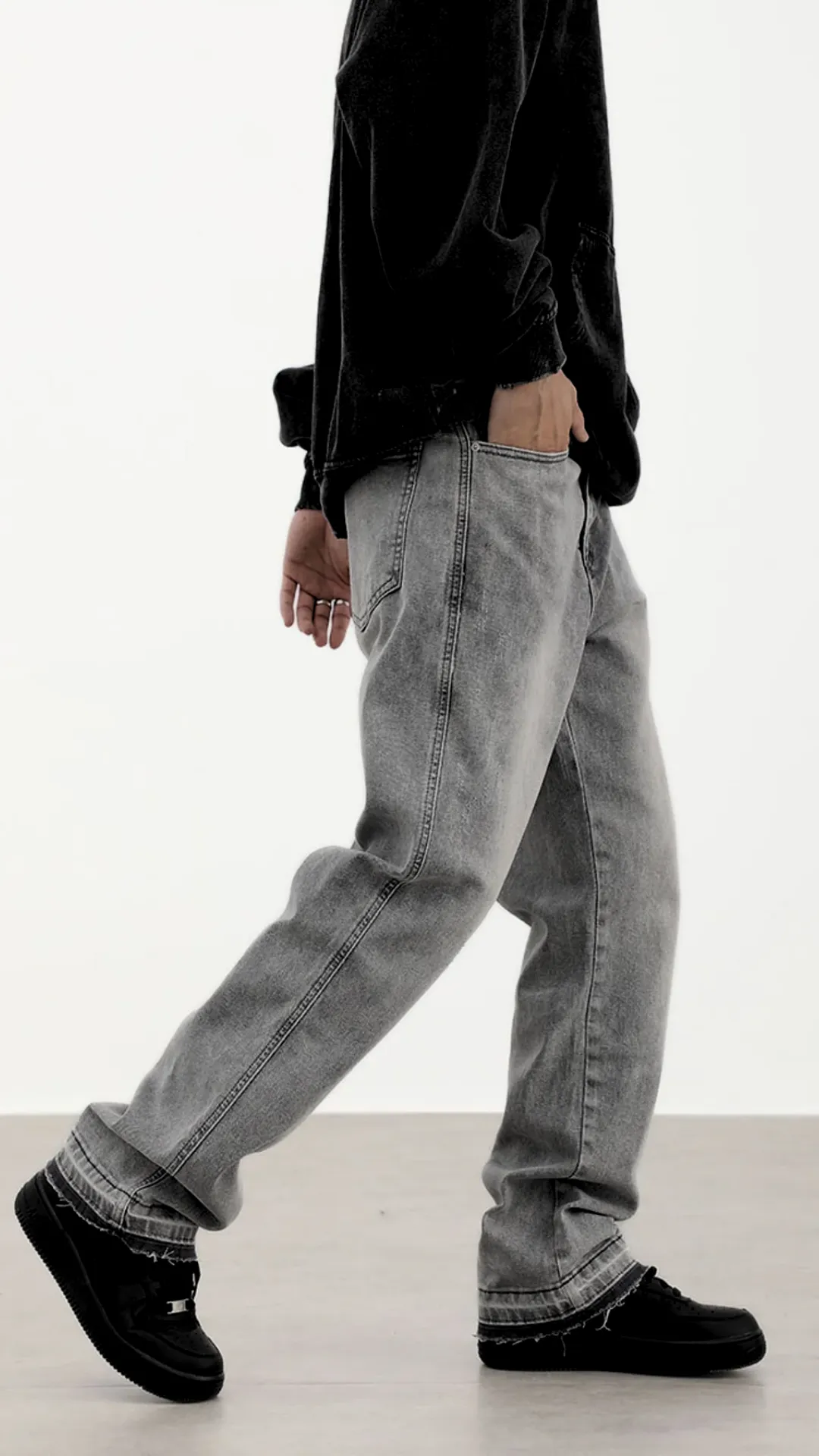 Grey Worn In Wash Loose Fit Straight Leg Denim