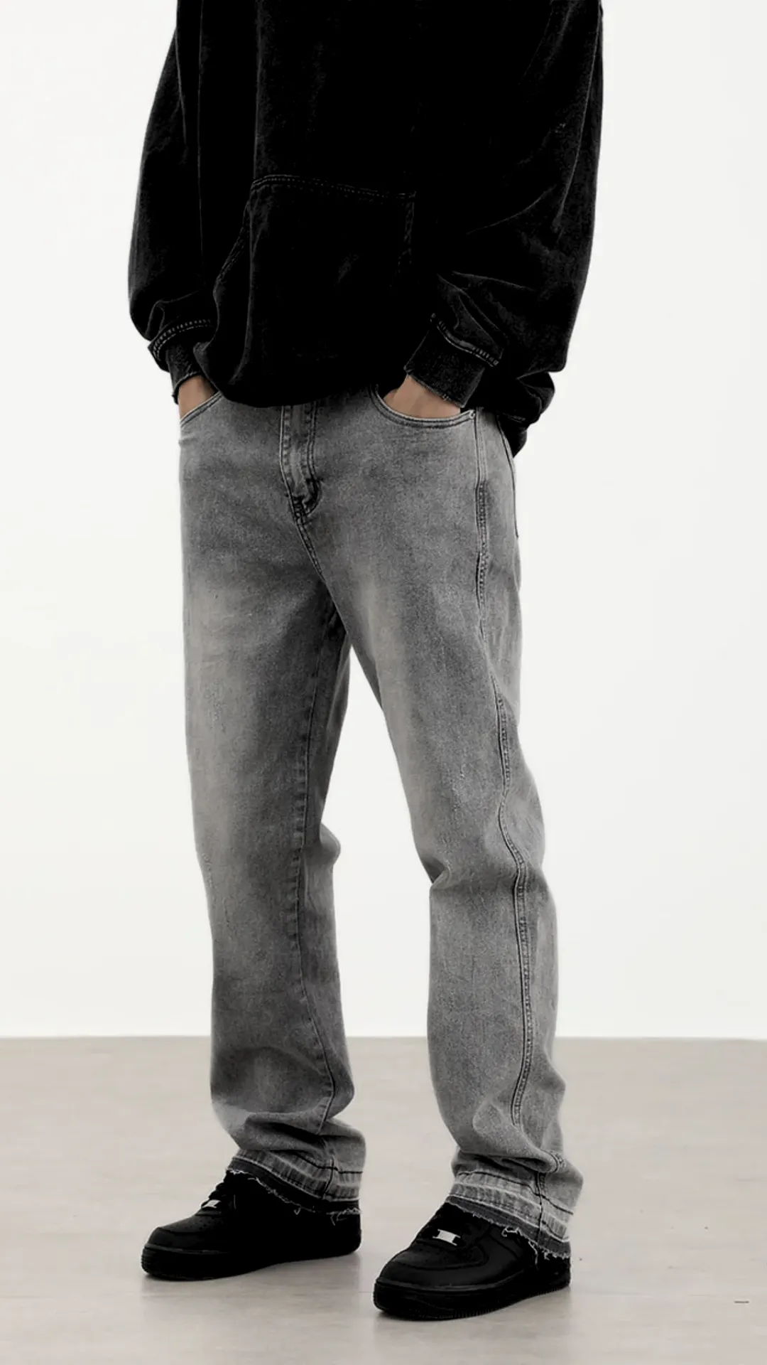 Grey Worn In Wash Loose Fit Straight Leg Denim