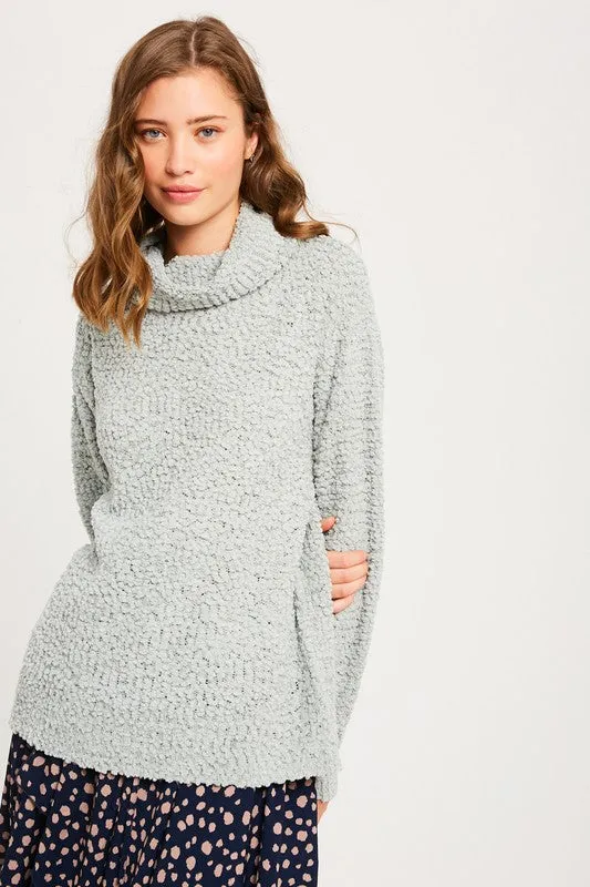 Hailey Popcorn Pullover Turtleneck in Light Sage