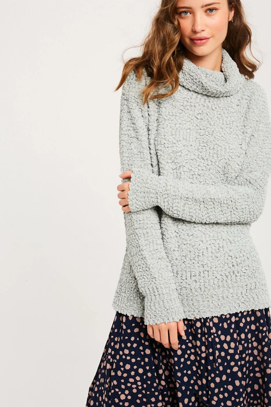 Hailey Popcorn Pullover Turtleneck in Light Sage