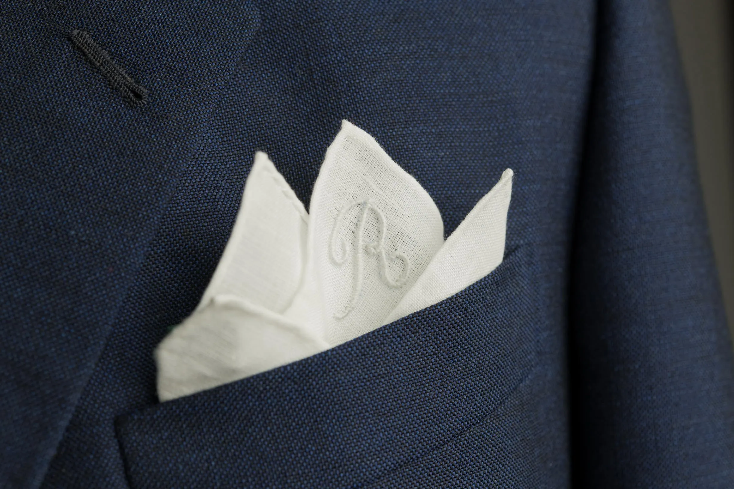 Hand-Embroidered Initial P White Linen Pocket Square