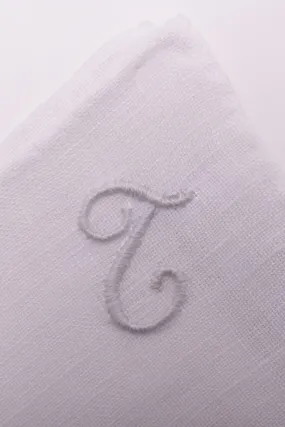 Hand-Embroidered Initial T White Linen Pocket Square