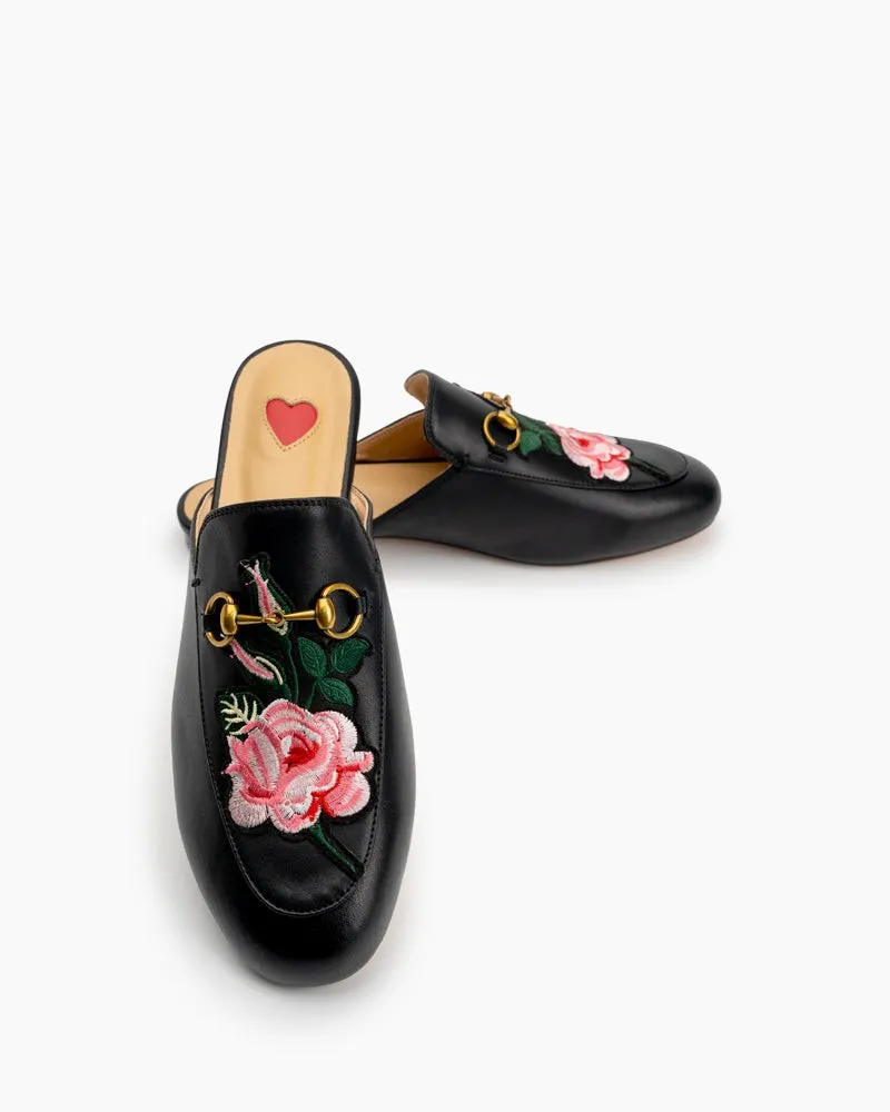 Heart Metal Buckle Embroidery Pattern Mules