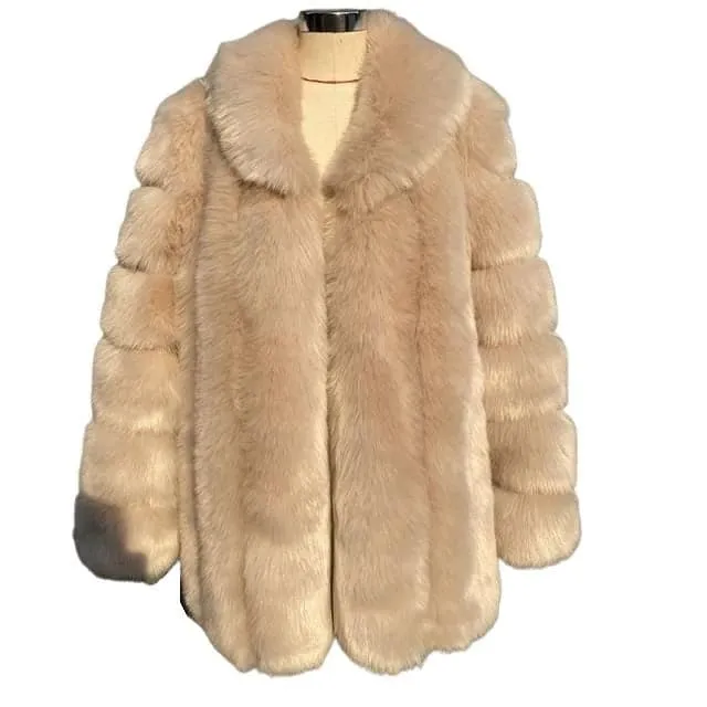 HQL Design Women's Fine Fashion Premium Quality Elegant Ivory White Faux Fur Collar Coat Jacket