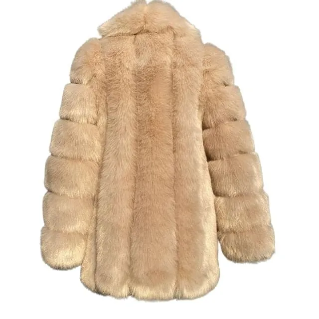 HQL Design Women's Fine Fashion Premium Quality Elegant Ivory White Faux Fur Collar Coat Jacket