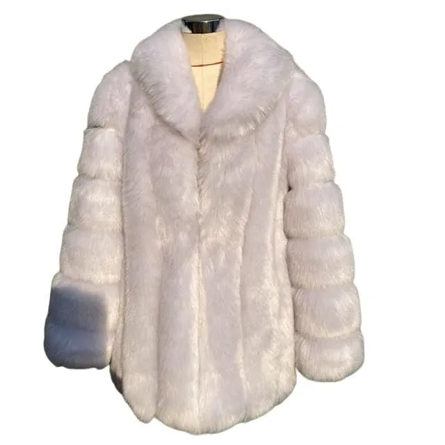 HQL Design Women's Fine Fashion Premium Quality Elegant Ivory White Faux Fur Collar Coat Jacket