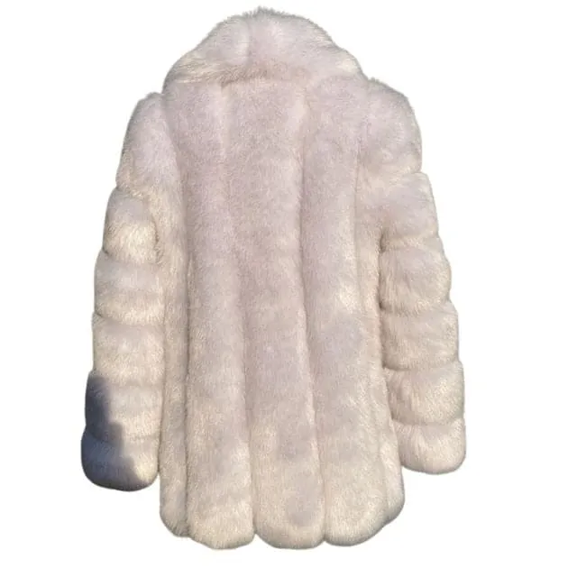 HQL Design Women's Fine Fashion Premium Quality Elegant Ivory White Faux Fur Collar Coat Jacket