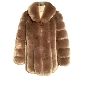 HQL Design Women's Fine Fashion Premium Quality Elegant Light Brown Caramel Faux Fur Collar Coat Jacket