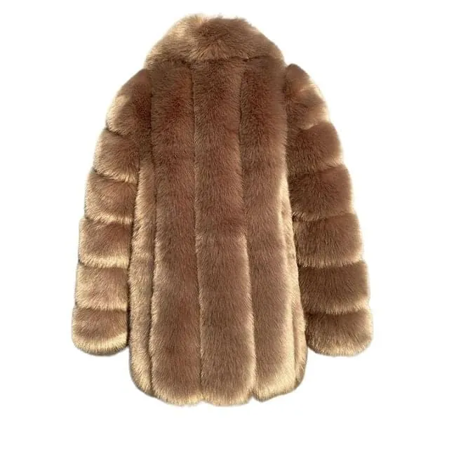 HQL Design Women's Fine Fashion Premium Quality Elegant Light Brown Caramel Faux Fur Collar Coat Jacket