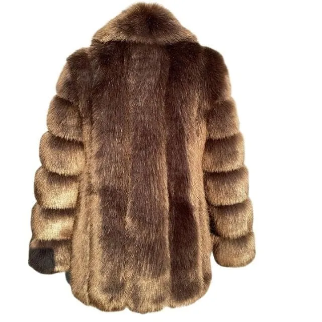 HQL Design Women's Fine Fashion Premium Quality Elegant Light Brown Caramel Faux Fur Collar Coat Jacket