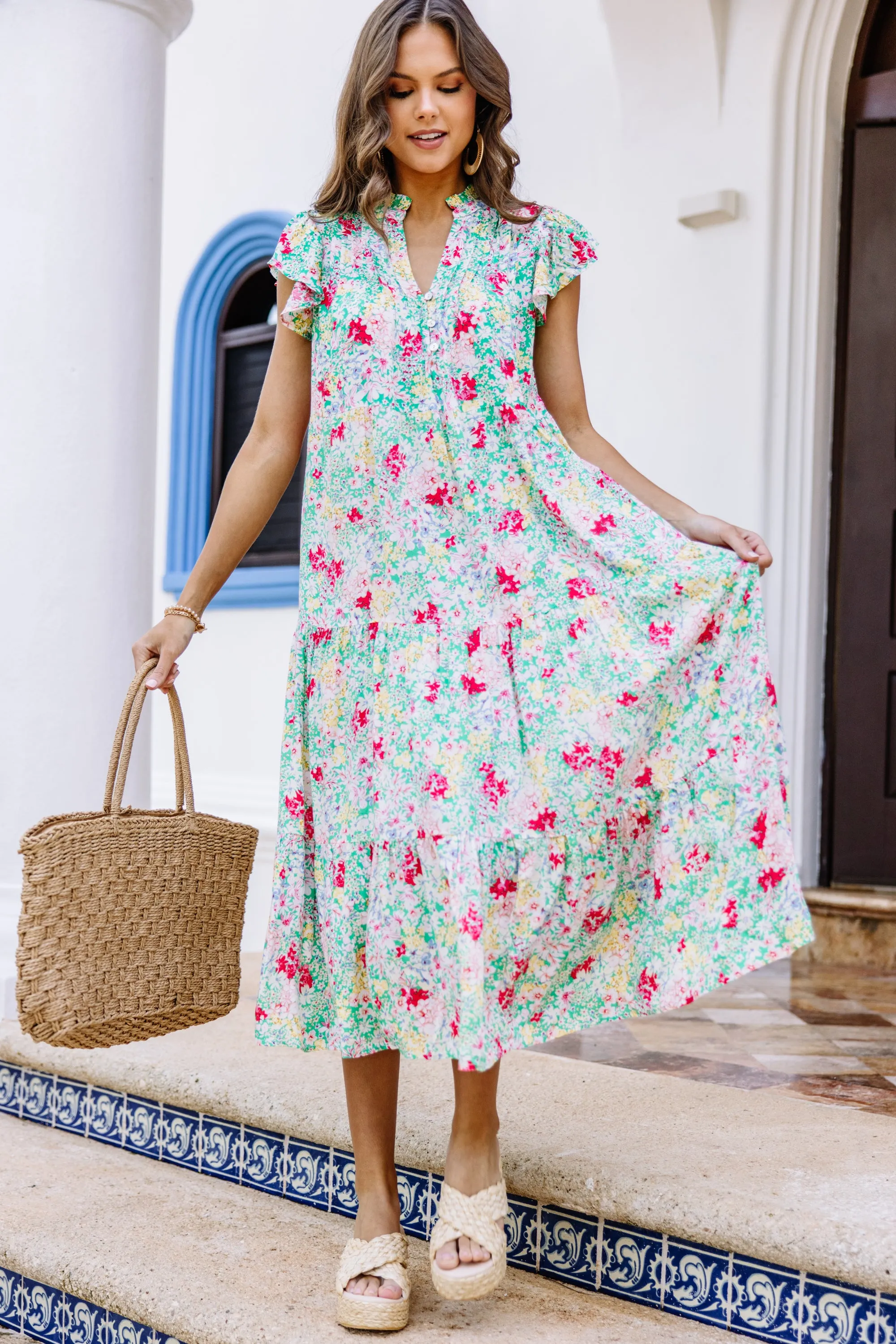 It's Another Day Green Ditsy Floral Midi Dress