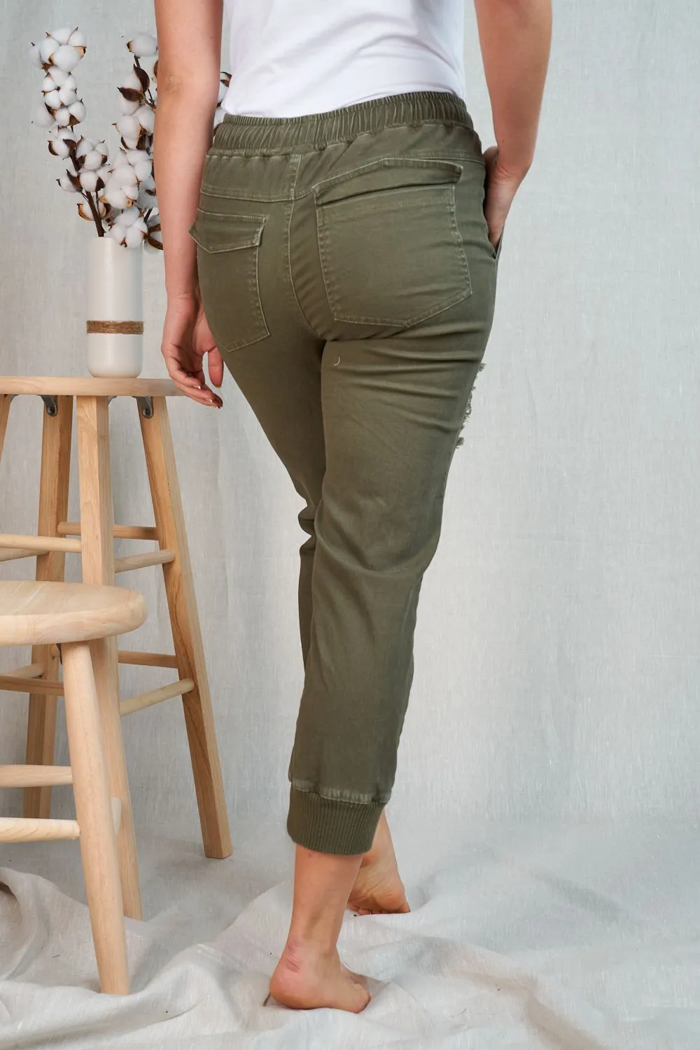 Jess Distressed Joggers- Olive