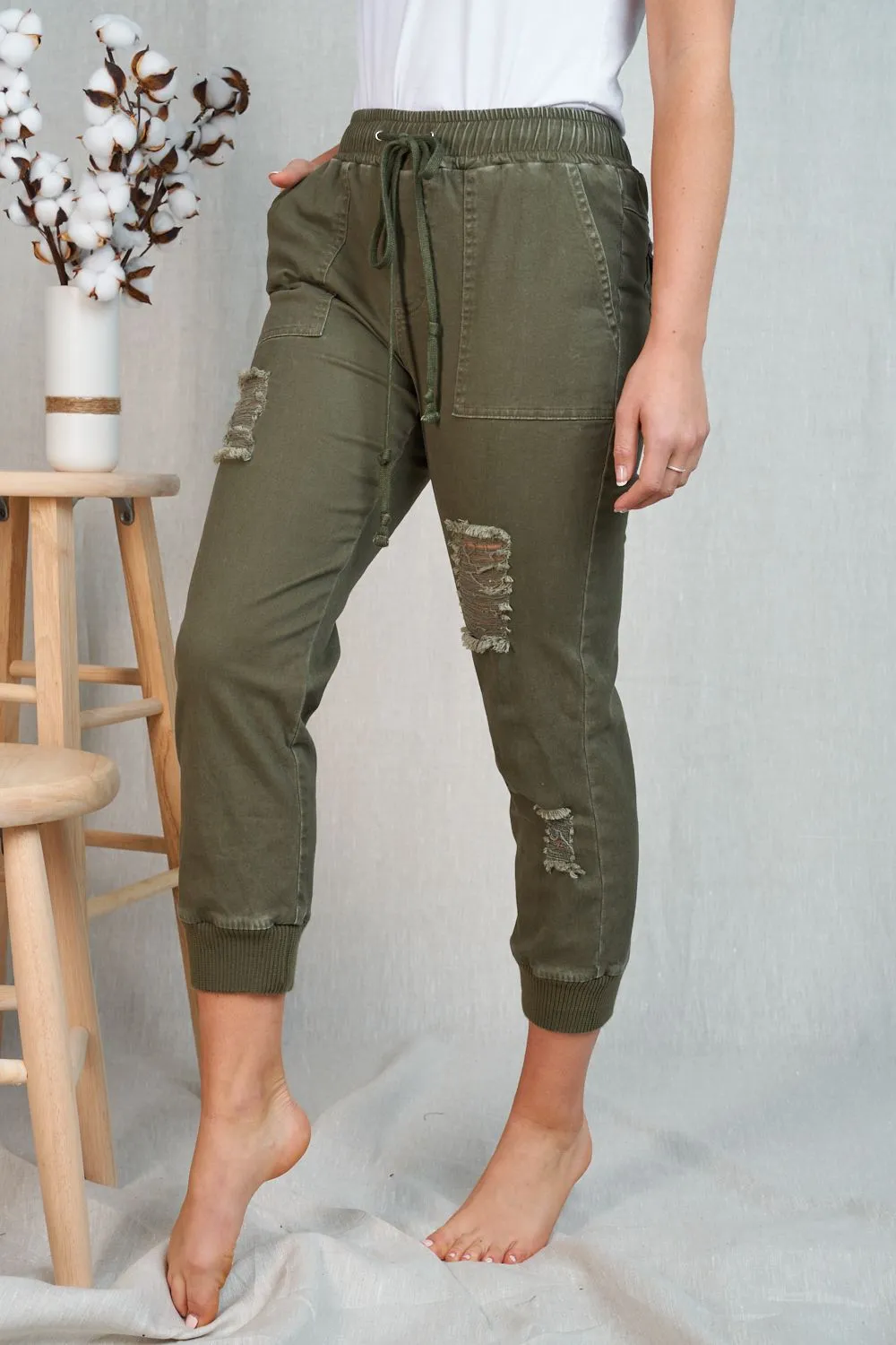 Jess Distressed Joggers- Olive