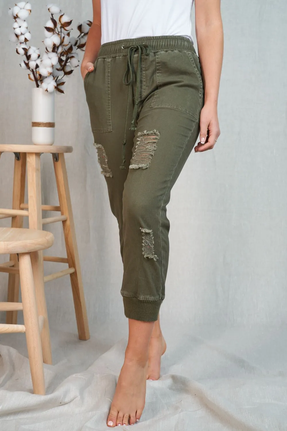 Jess Distressed Joggers- Olive