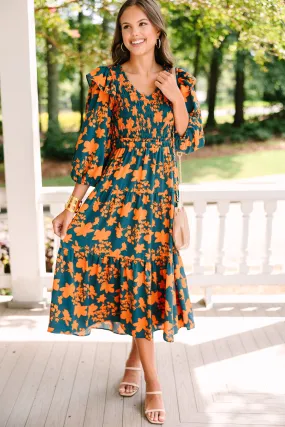 Just For Me Teal Blue Floral Midi Dress