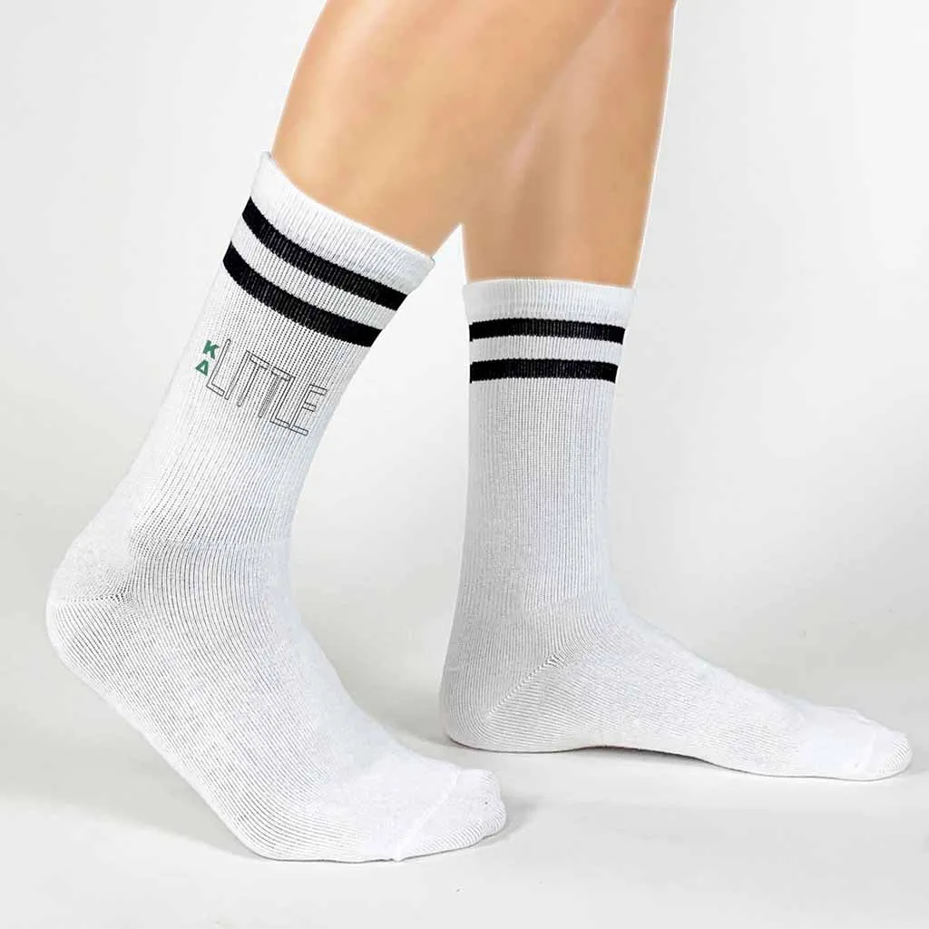 Kappa Delta Sorority Socks for your Big and Little with Greek Letters on Striped Cotton Crew Socks