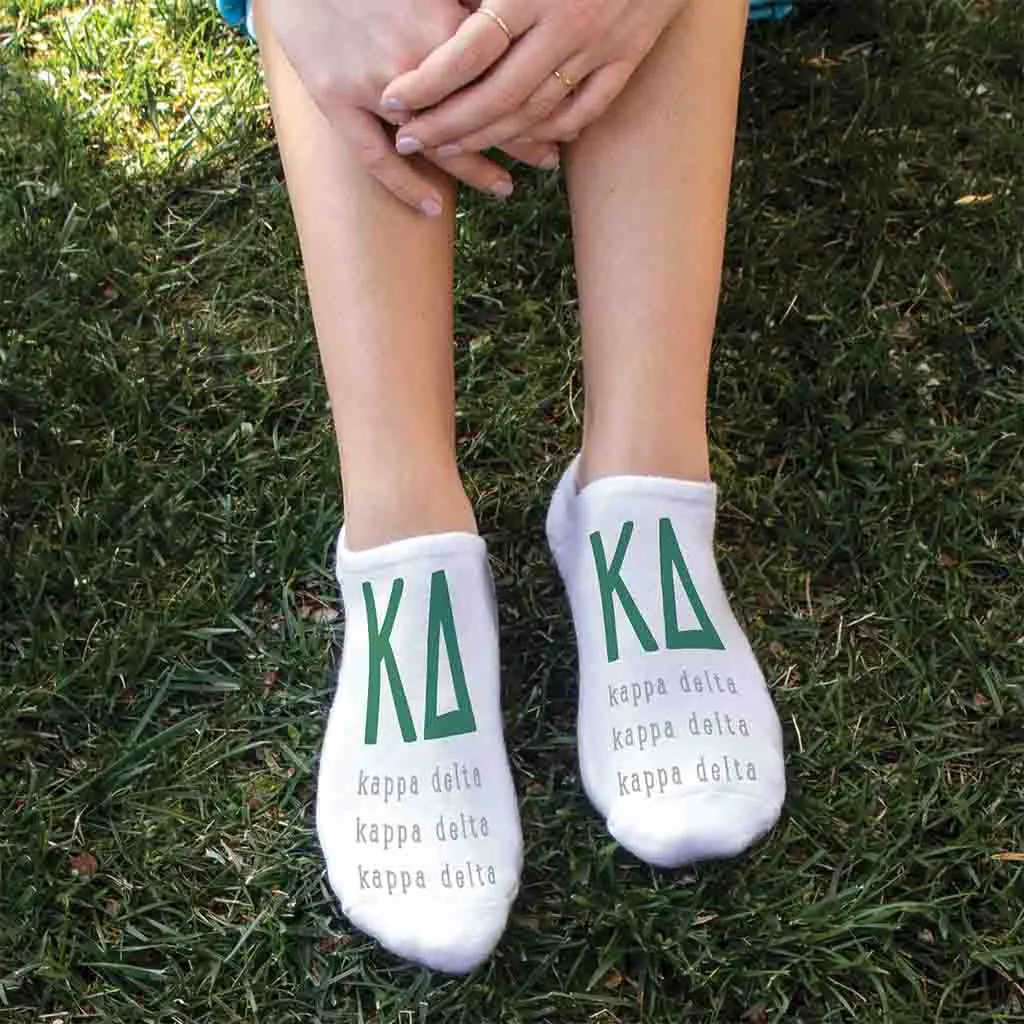 Kappa Delta Sorority Socks with Large Greek Letters, Printed on No Show Socks