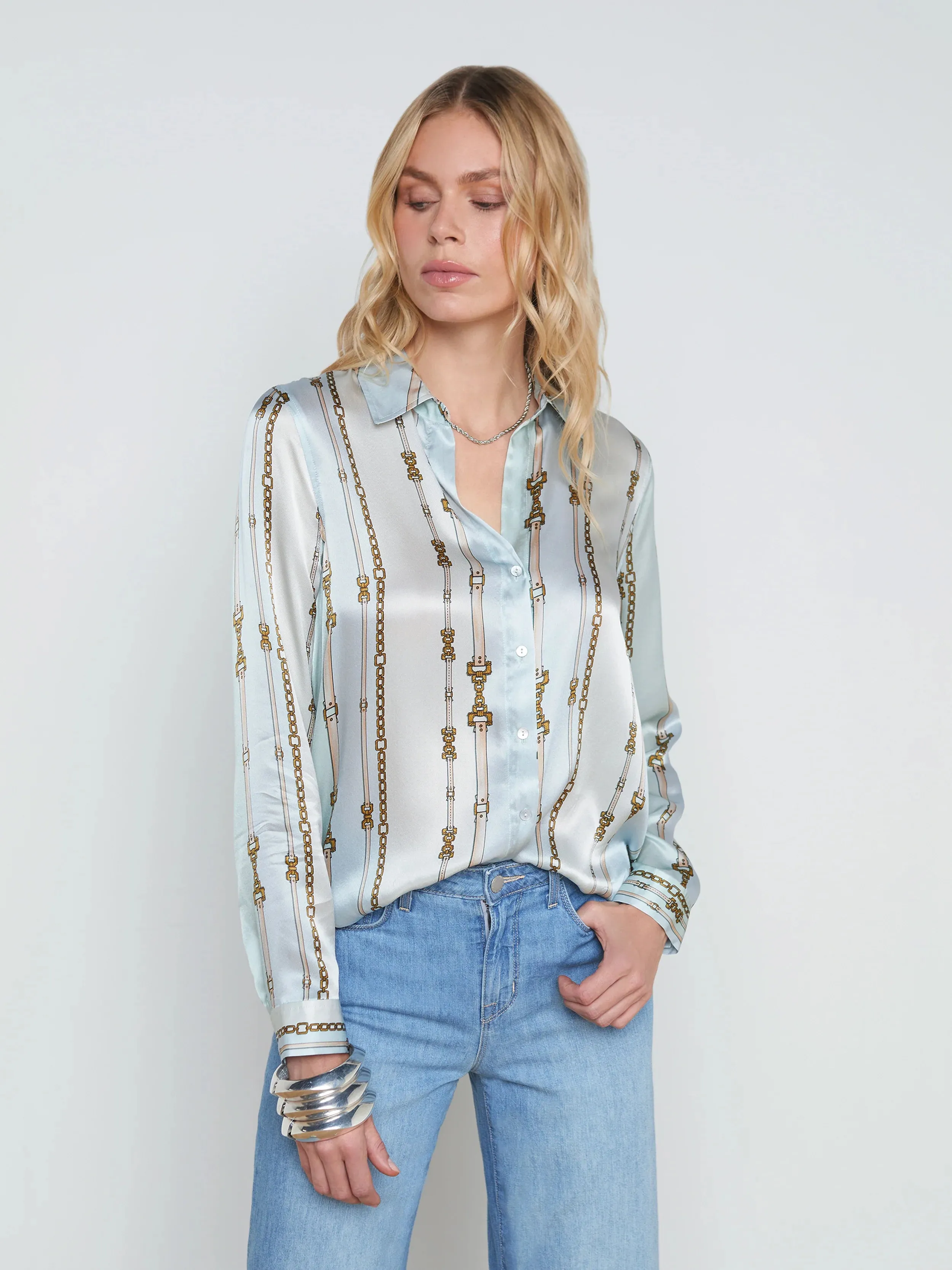 L’agence - Tyler Silk Blouse - Pastel Multi Belt Stripe