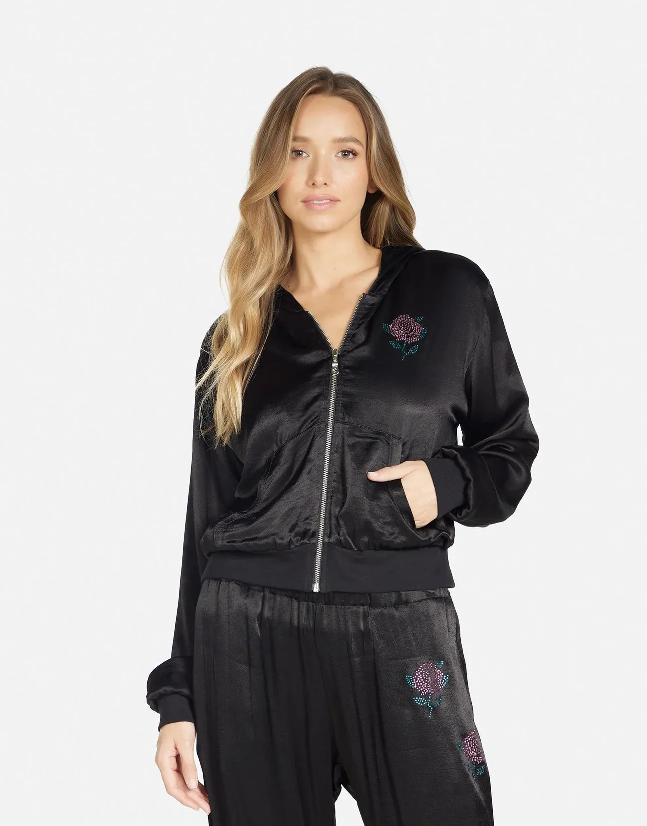 Lauren Moshi Kathleen Crystal Roses Satin Bomber Jacket