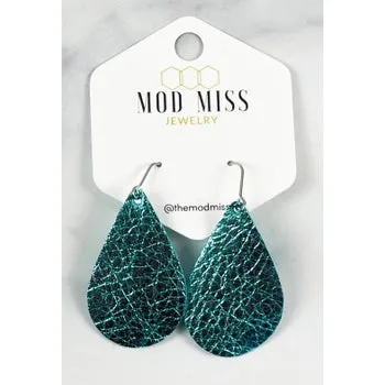 Leather Teardrop Earring Metallic Turquoise