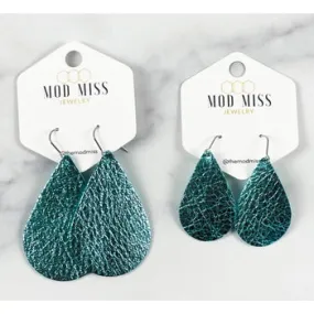 Leather Teardrop Earring Metallic Turquoise