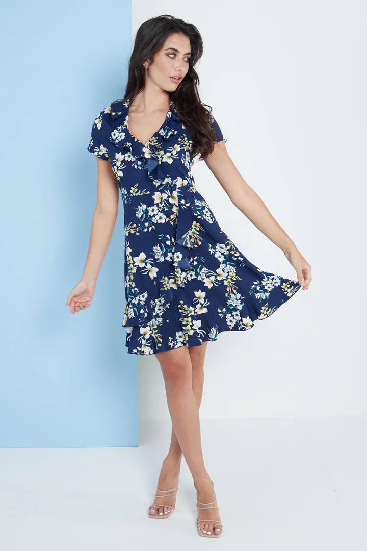 Lilura London Navy Blue Floral Wrap Frill Dress