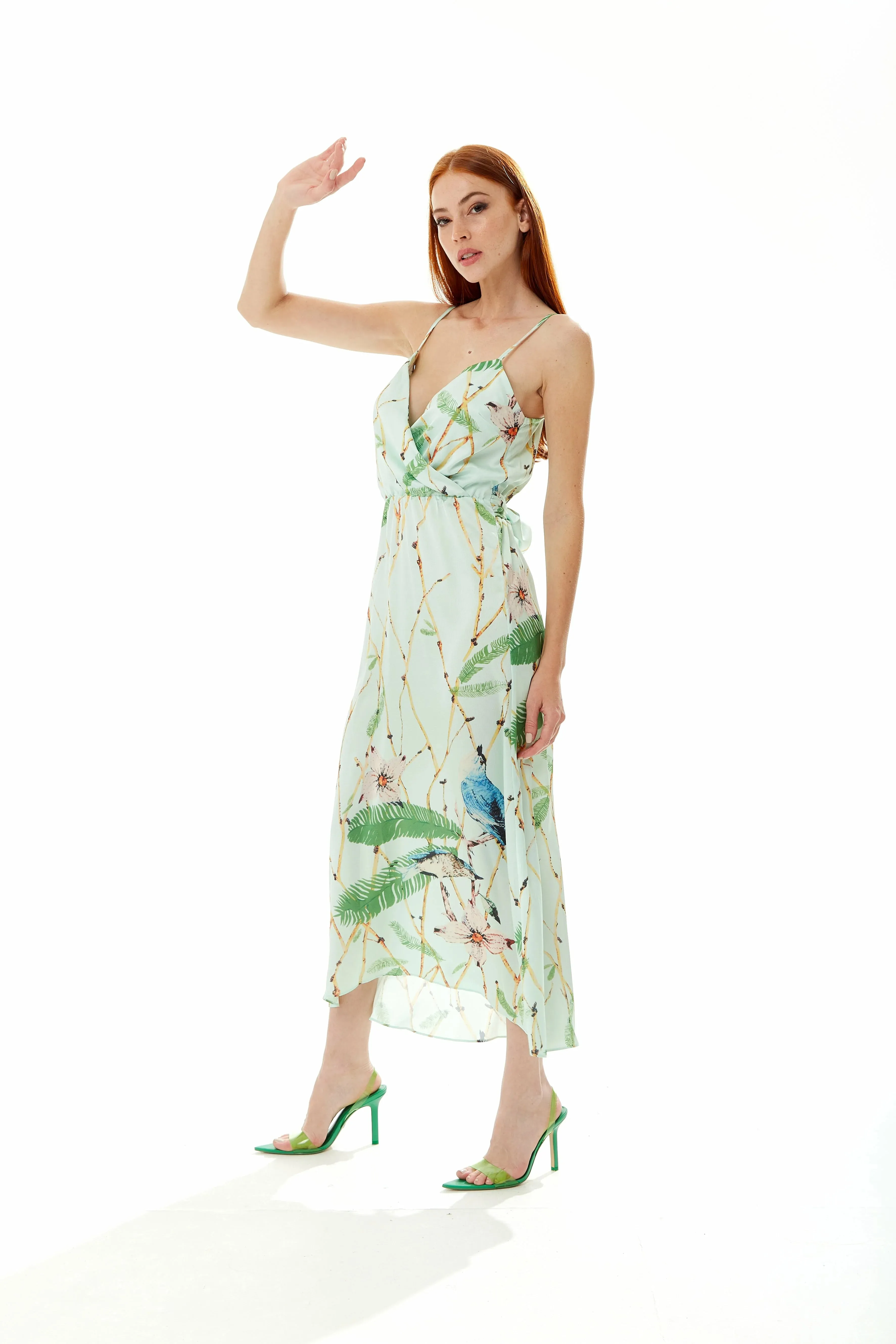 Liquorish Bird Print Cami Maxi Dress In Mint Green