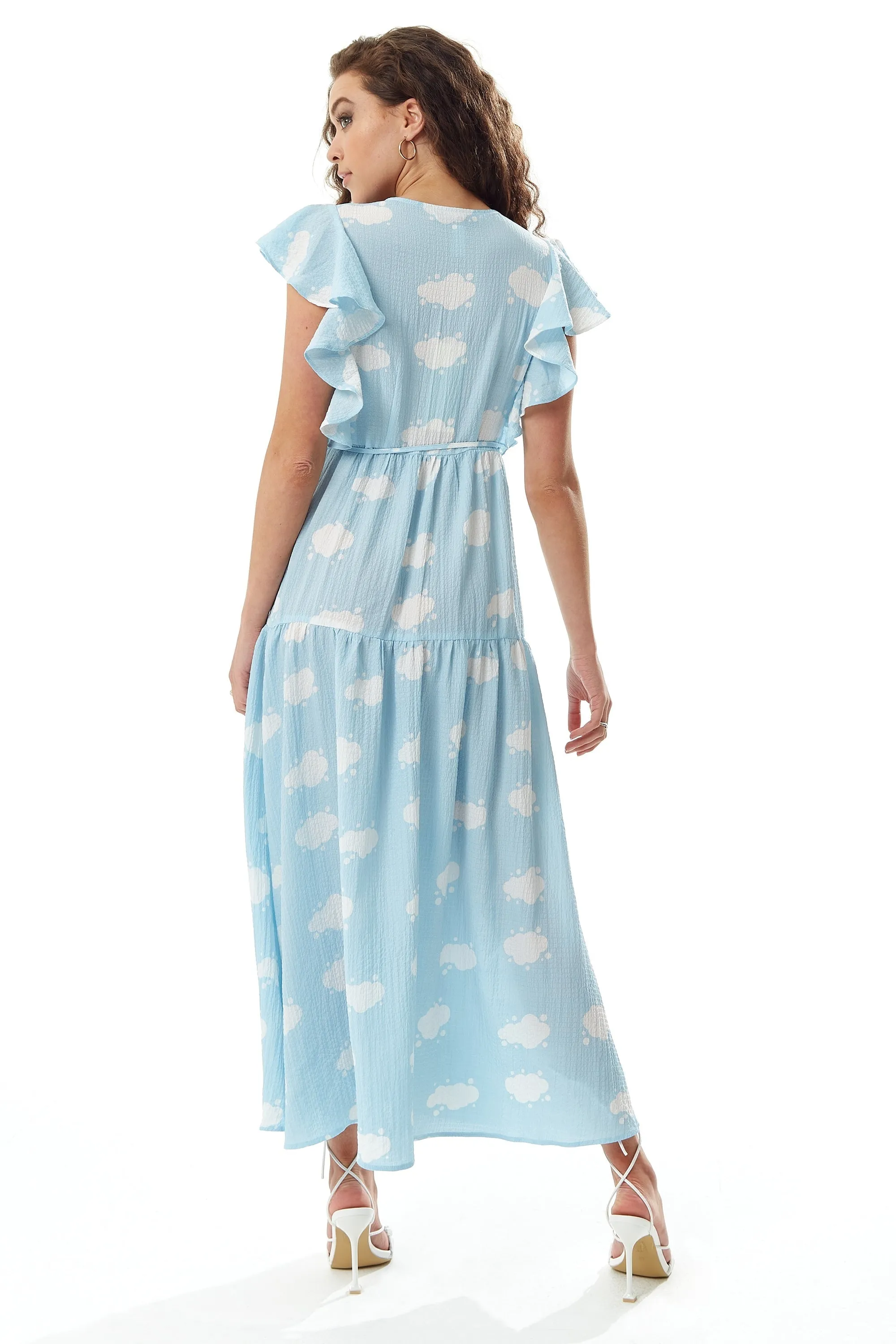 Liquorish Cloud Print Midi Wrap Dress With Frill Sleeve Blue