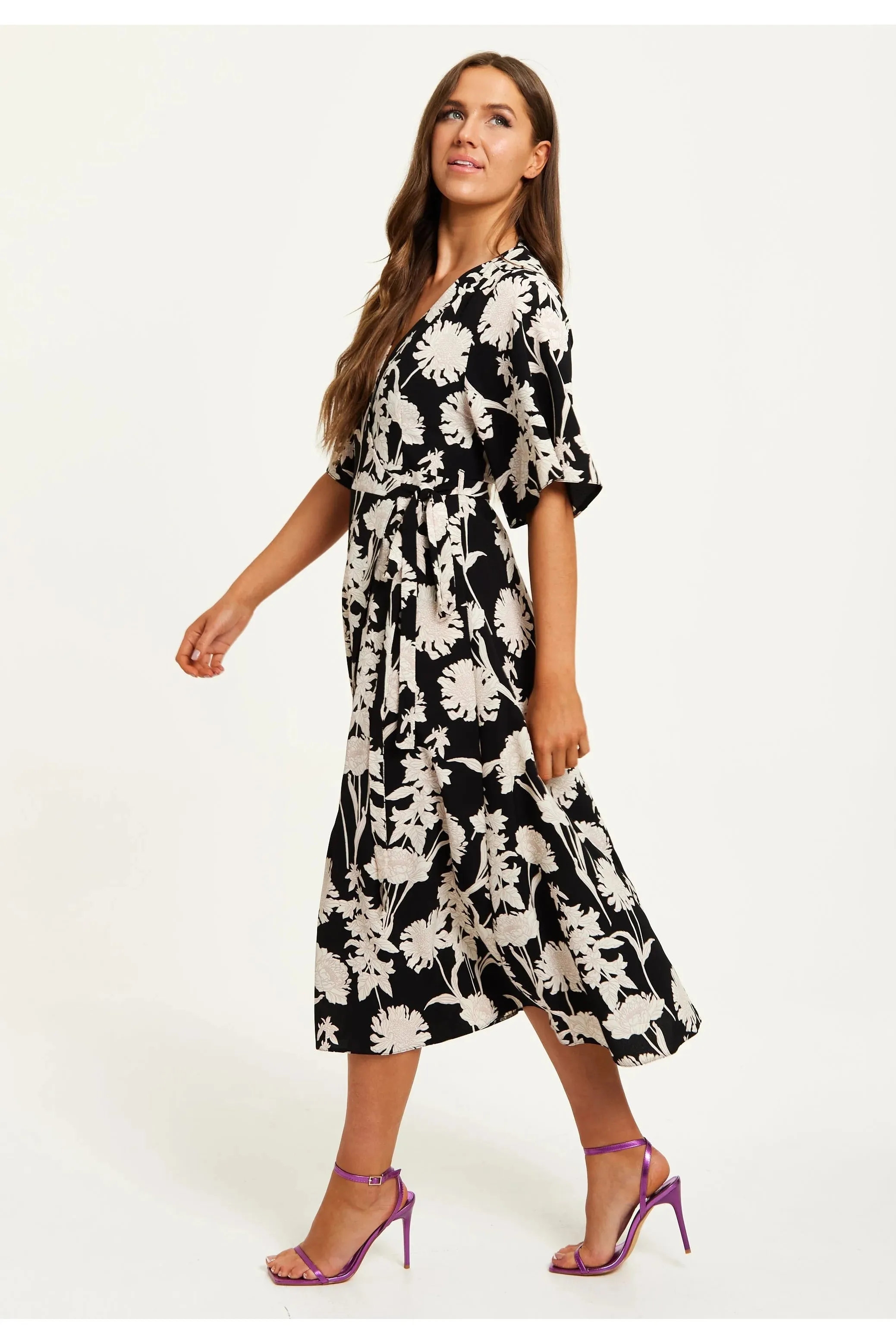 Liquorish Floral Print Midi Wrap Dress With Kimono Sleeves