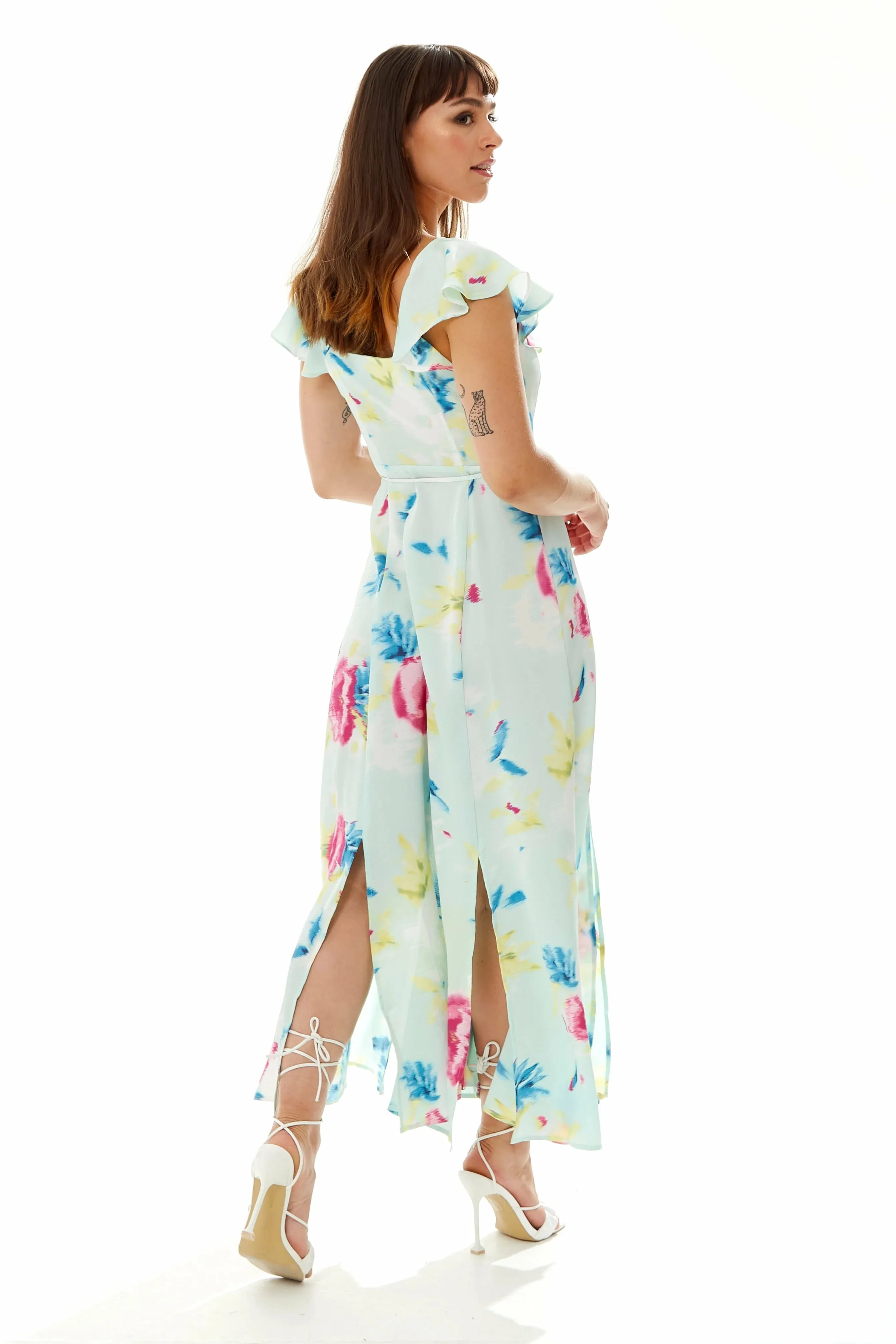 Liquorish Maxi Floral Print Wrap Dress In Mint Green