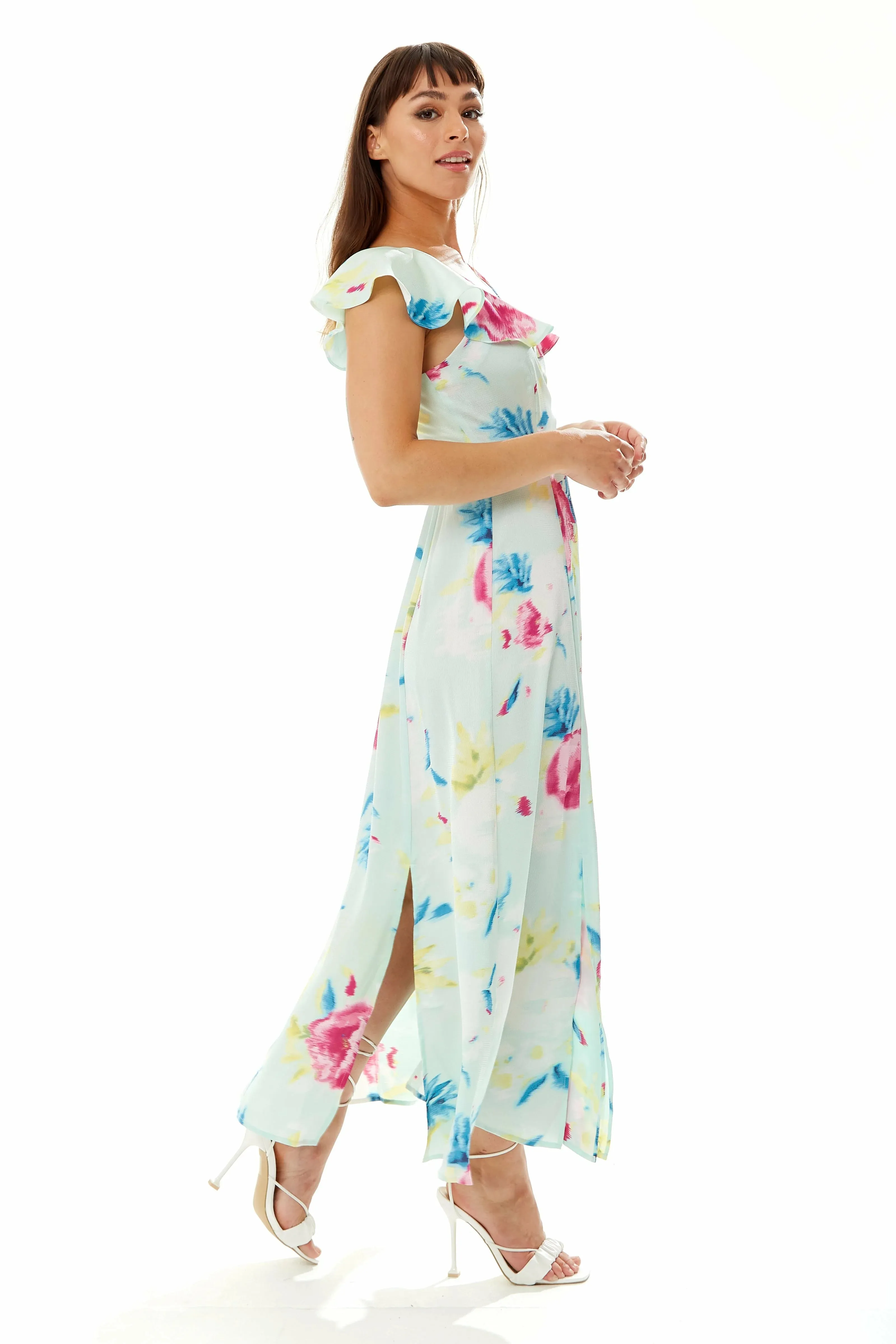 Liquorish Maxi Floral Print Wrap Dress In Mint Green