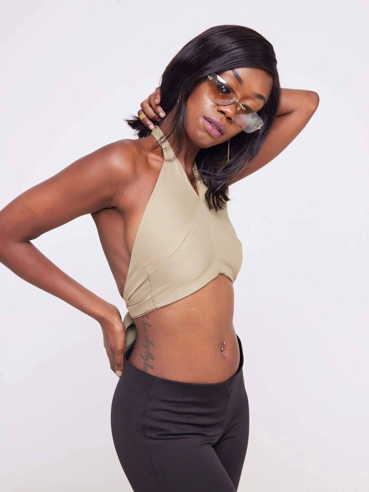 Lola Satin Halter Neck Crop Top - Olive Green